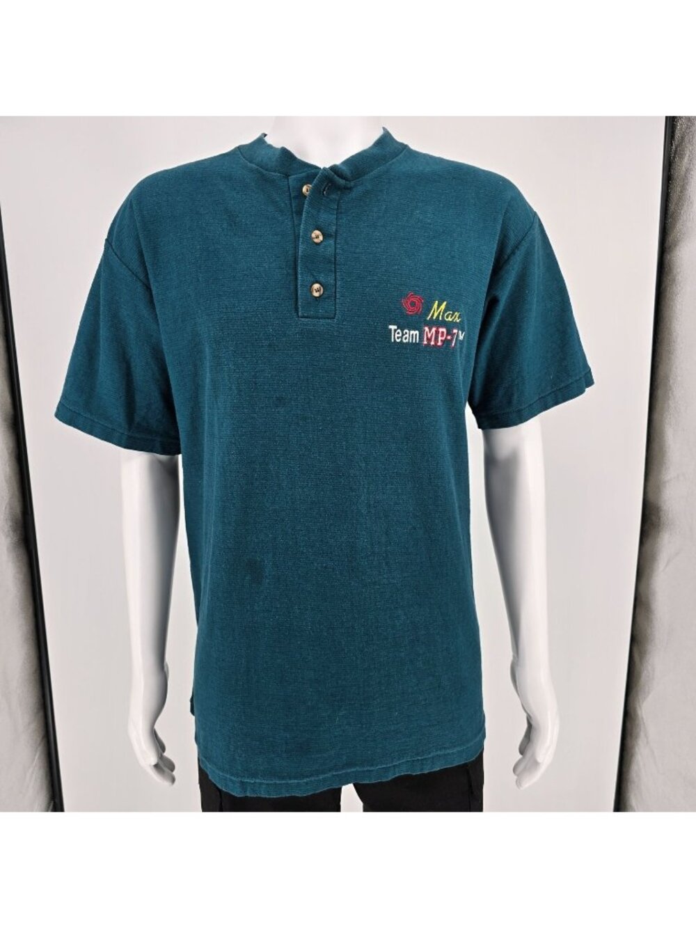 Vintage 1990s Oneita Heavyweight Max Team MP-7 Embroidered Henley T-Shirt (L/XL)